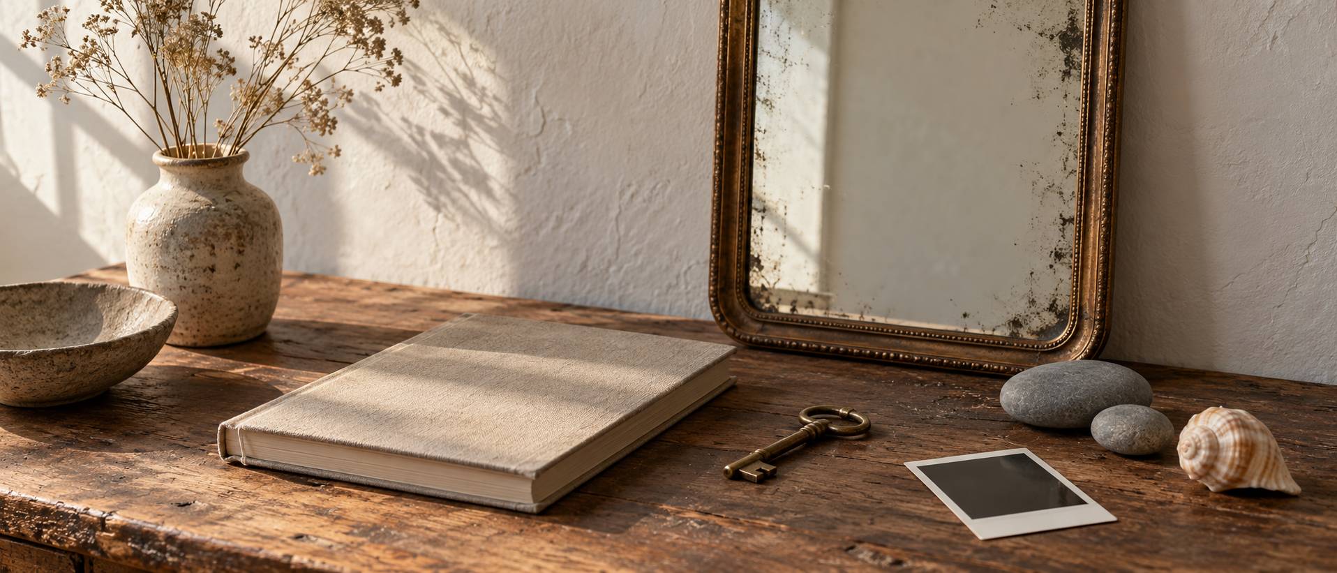 Nature morte avec miroir ancien, carnet fermé, clef et galets