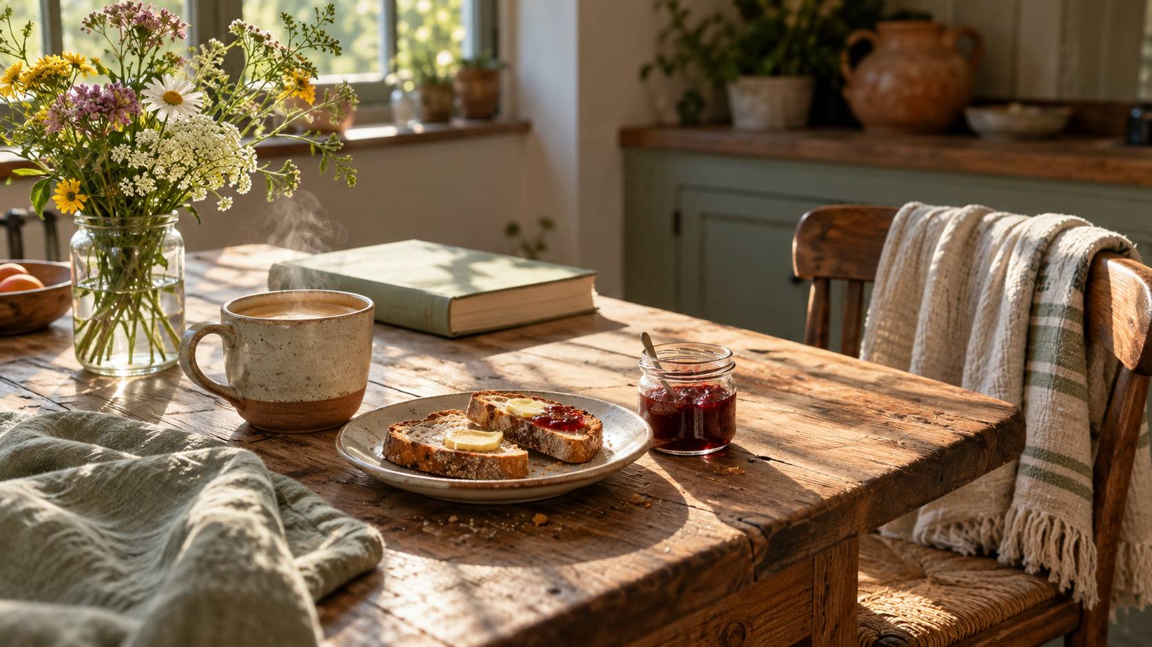 Petit-déjeuner simple sur une table en bois près d'une fenêtre, tasse, tartines et fleurs