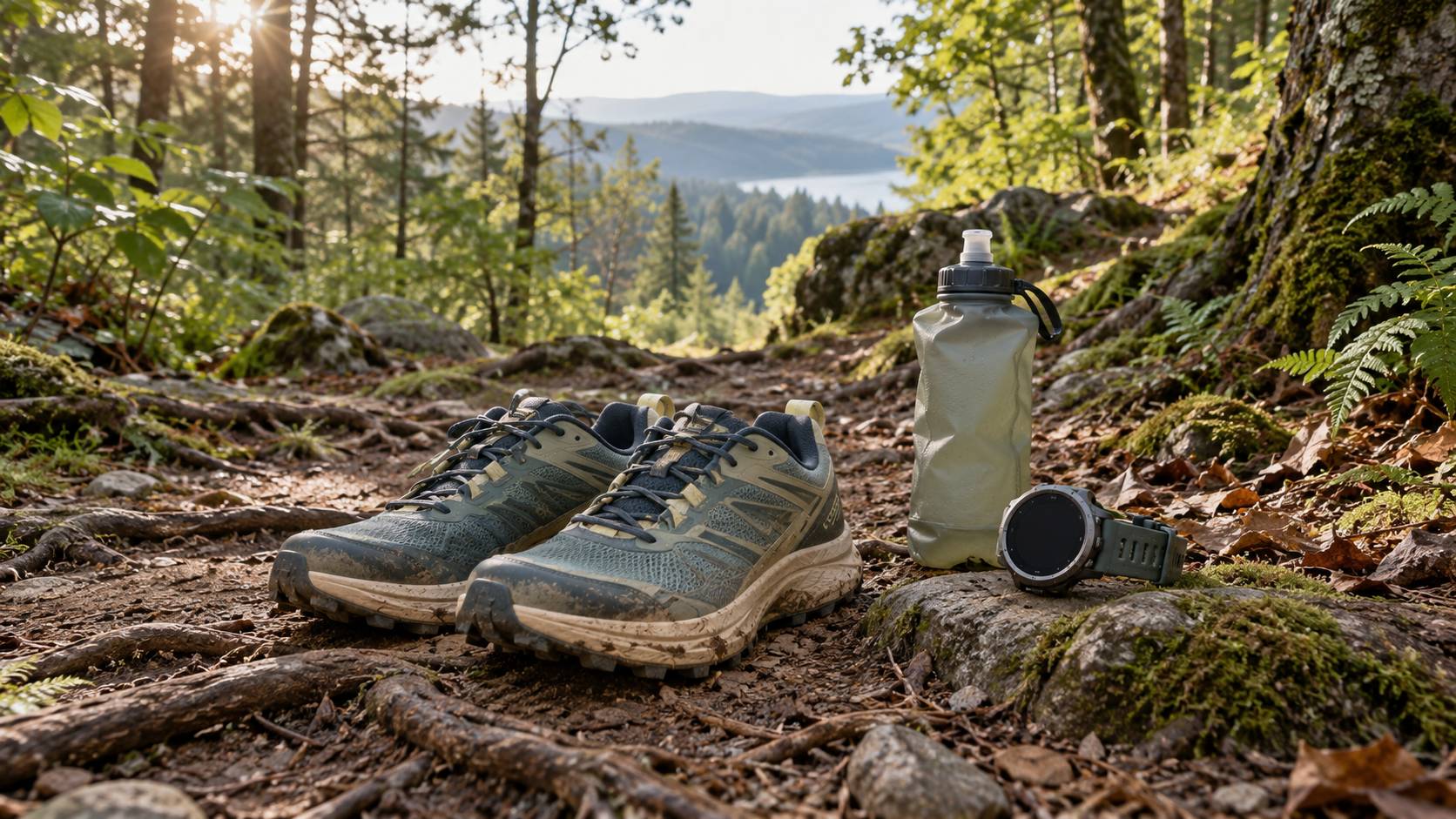 Chaussures de trail posées sur un sentier de forêt avec une gourde et une montre sans chiffres